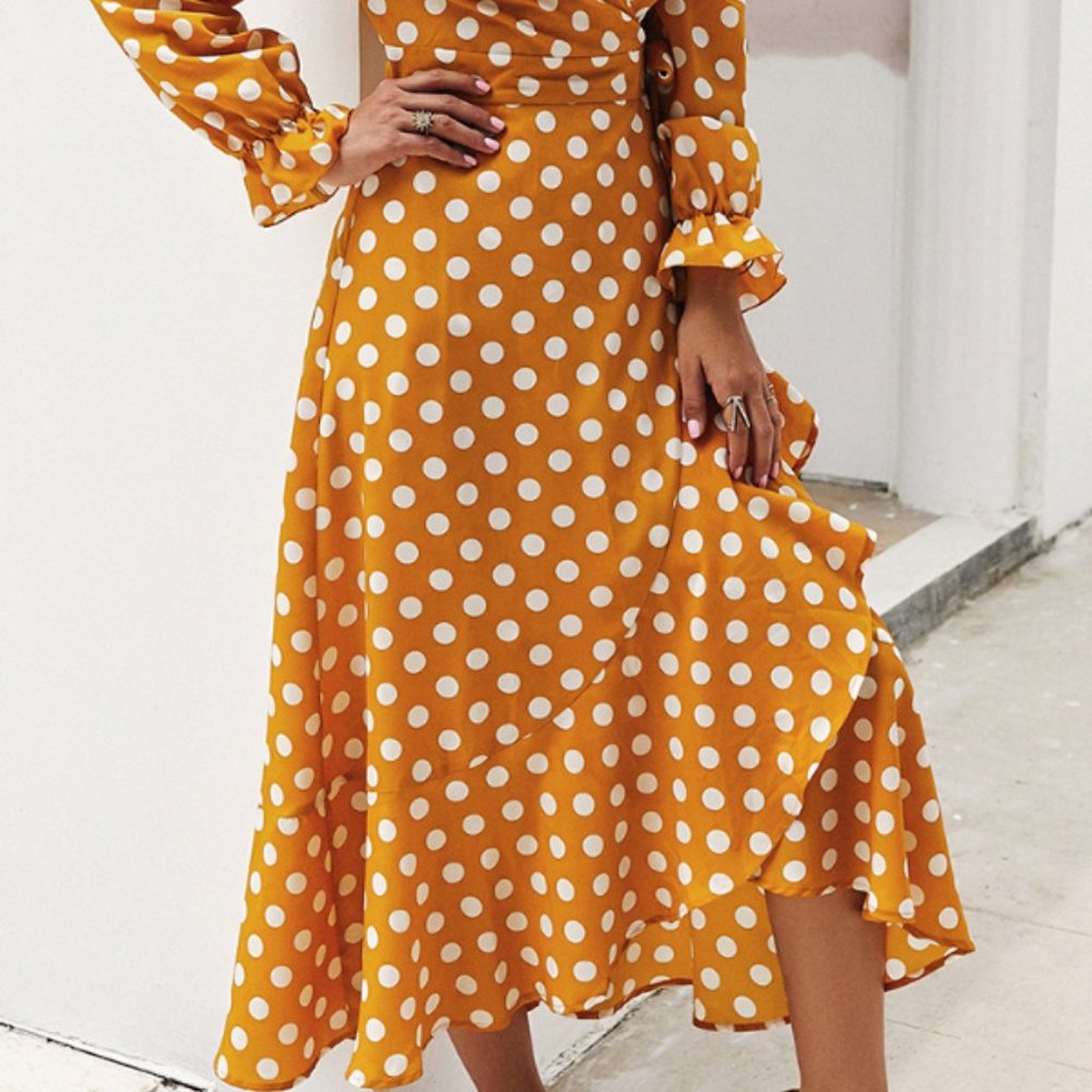 LAST ONE Yellow Polka Dot Wrap Dress - Picture 3 of 5